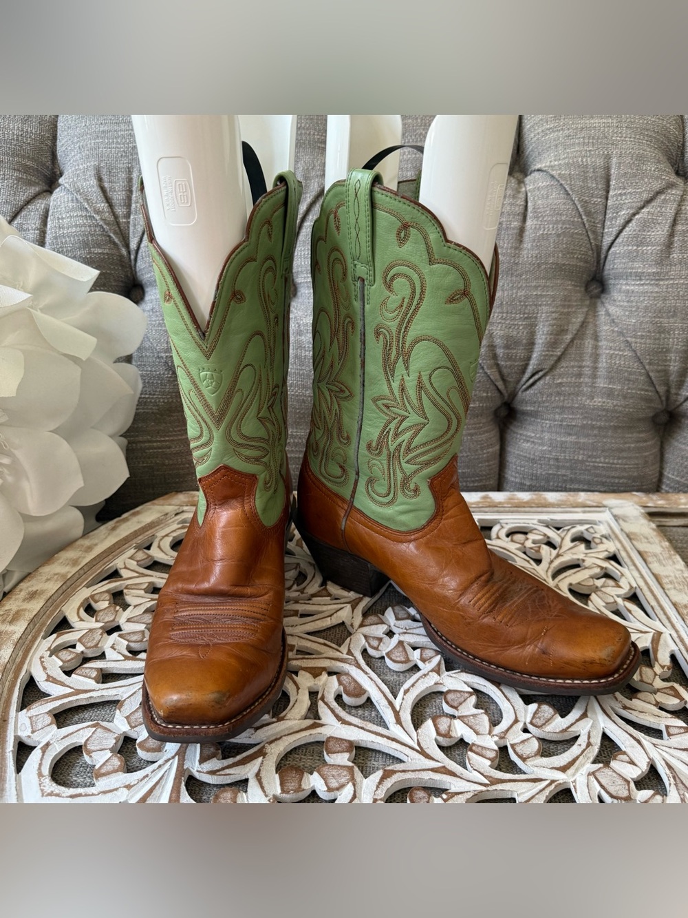 Ariat Green Brown Leather Western Boots Women’s 9 - Picture 5 of 11